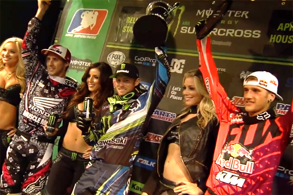 Ryan Villopoto, Justin Barcia, Ken Roczen podium supercross ama 450cc Houston 2014